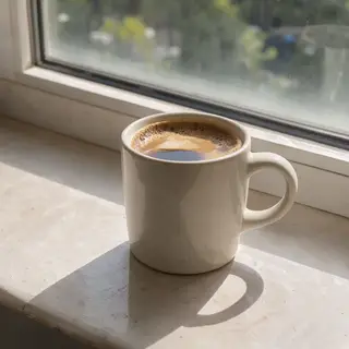 A coffee mug on a sunny windowsill casting a sharp shadow to