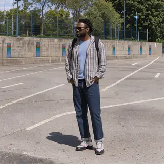 A person standing outdoors at midday with a short shadow dir