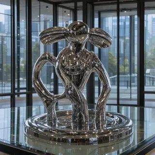 A chrome sculpture in a room with a glass floor and large wi