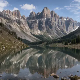 A mountain range reflected in a still alpine lake, with the 