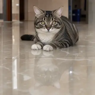 A cat sitting on a polished marble floor with its reflection