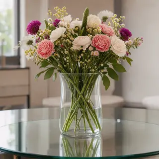 A vase of flowers on a glass table with a clear reflection v