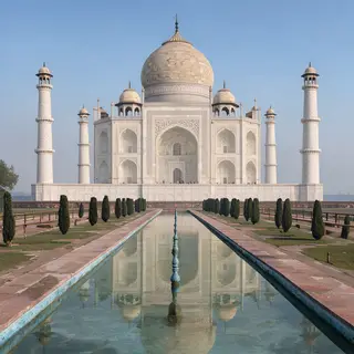 The Taj Mahal in Agra seen from the reflecting pool, with ac