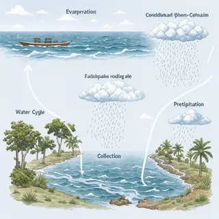 A detailed diagram of the water cycle showing evaporation fr