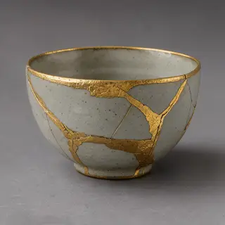 A Japanese kintsugi bowl — cracked ceramic repaired with vis