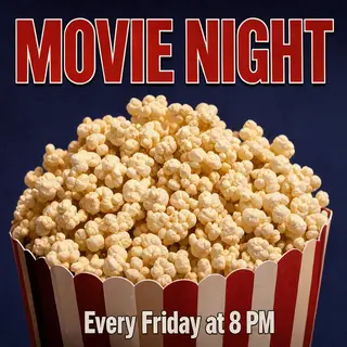 A movie night poster with a large popcorn image in the cente