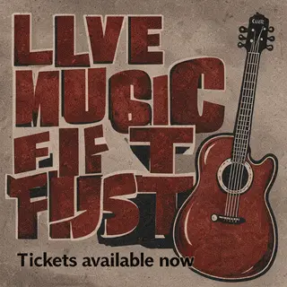 An event poster featuring a guitar illustration, the headlin
