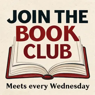 A book club poster with an open book illustration, the title