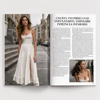 A fashion magazine spread with a full-bleed left-page photo,