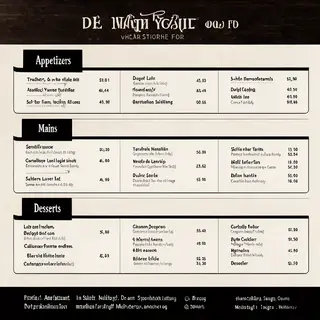 A restaurant menu layout with a logo header, three category 