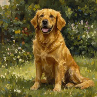 A golden retriever sitting in a garden, painted in the style