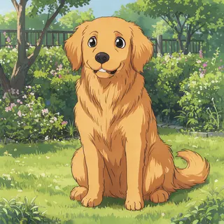 A golden retriever sitting in a garden, rendered in Japanese