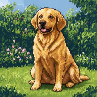 A golden retriever sitting in a garden, rendered in pixel ar