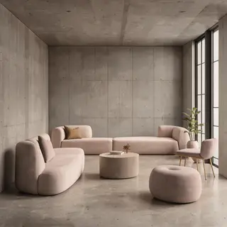 An interior scene rendered in soft brutalism — raw concrete 
