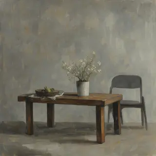 A still life painted in anxious minimalism — sparse composit