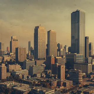 A cityscape rendered in nostalgic futurism — retro-futuristi
