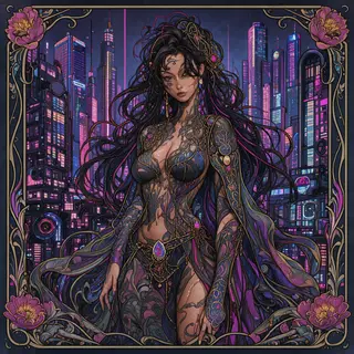 A woman in a futuristic city rendered in cyberpunk Art Nouve