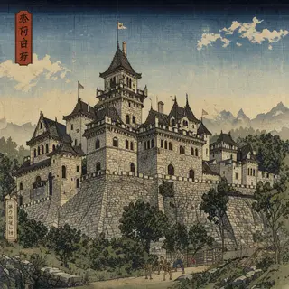 A medieval castle depicted in Japanese ukiyo-e woodblock pri