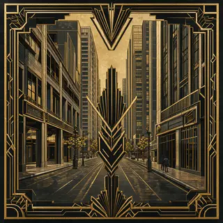 A city street scene in the style of Art Deco — geometric sha