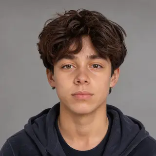 A headshot of a teenager with a relaxed, neutral face