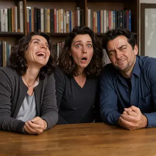 A group of three friends at a table: one laughing with head 