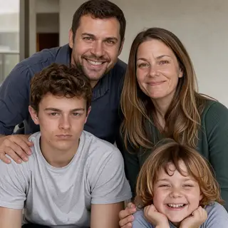 A family photo with four people: a father beaming with pride