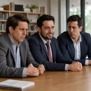 Three coworkers in a meeting: one looking frustrated with fu