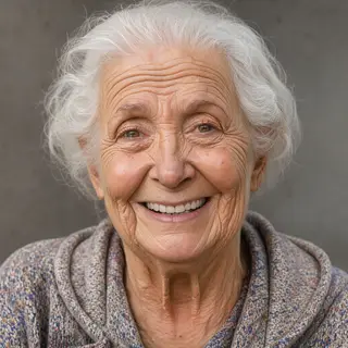 An elderly woman in her 80s with deep wrinkles and white hai