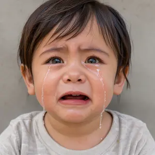 A 5-year-old child with round cheeks and large eyes, crying 