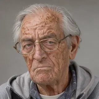 An elderly man in his 70s with age spots and thinning gray h