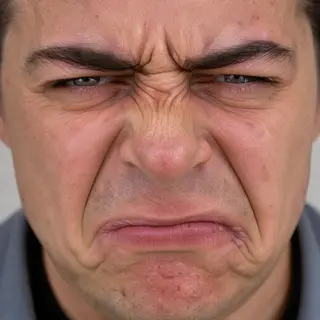 A close-up of a person's face showing clear disgust, nose wr
