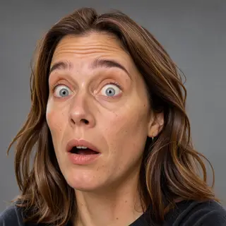 A portrait capturing genuine surprise — raised eyebrows, wid