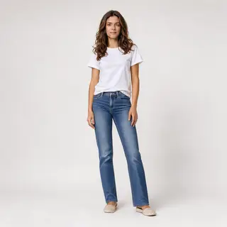A woman standing upright in a relaxed pose, arms at her side