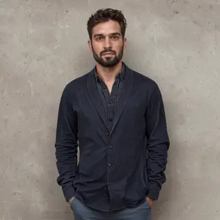 A man standing straight facing the camera, hands in pockets,