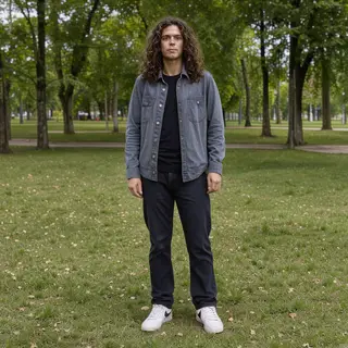 A person standing in a neutral pose in a park, full body vis