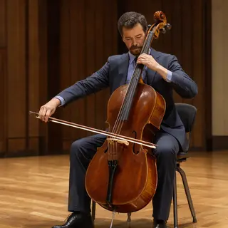 A cellist seated with correct posture, legs around the instr