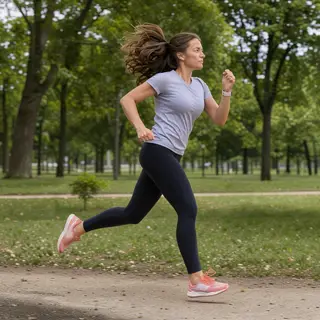A woman mid-stride running through a park, hair and clothes 