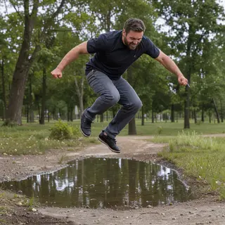 A man captured mid-jump over a puddle, body in the air with 