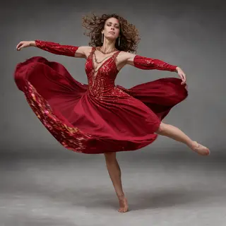 A dancer in a dynamic spin, dress flowing outward with one l