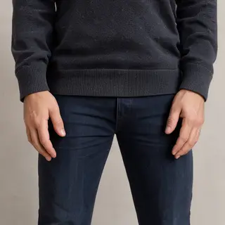 A person standing with both hands visible at their sides, fi