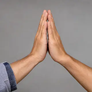 Two people doing a high-five, palms meeting with all fingers