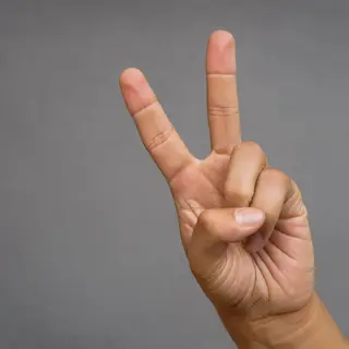 A person making a peace sign with their right hand, clearly 
