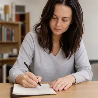 A woman writing in a notebook with a pen gripped correctly i