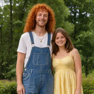 Two friends posing: one tall with curly red hair in denim ov