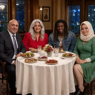 Four people at a dinner table: a bald man in a suit, a woman