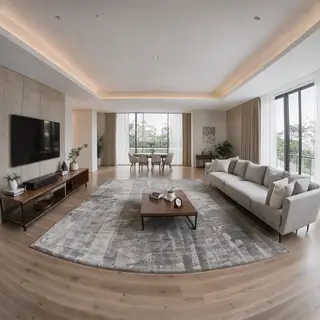 A wide-angle shot of a modern living room interior showing e