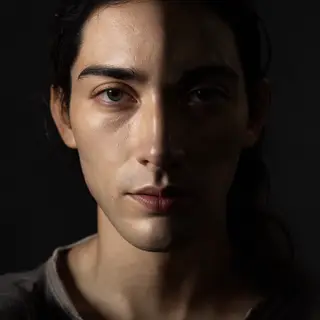 A portrait with dramatic split lighting — half the face brig