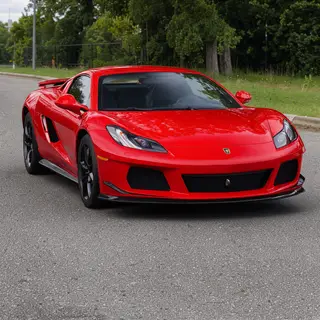 A bright red sports car parked on a gray asphalt road — the 