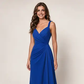 A woman wearing a royal blue evening dress against a neutral