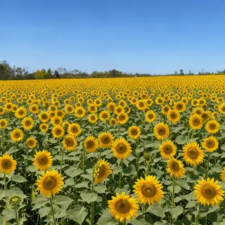 A field of pure sunflower yellow flowers under a clear blue 